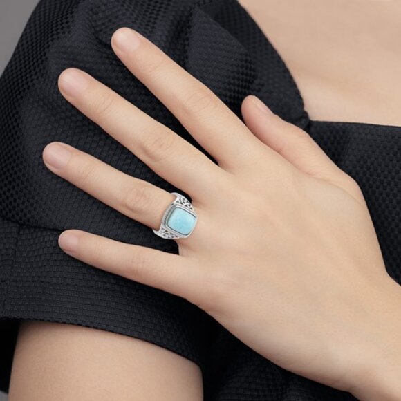 Sterling Silver Rhodium-Plated Oxidized Rectangular Larimar Ring – Filigree Desi - Picture 3 of 7